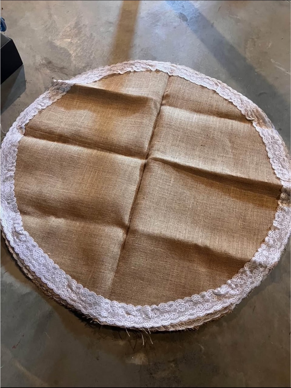 Burlap Round Table cloth with White Lace Trim -